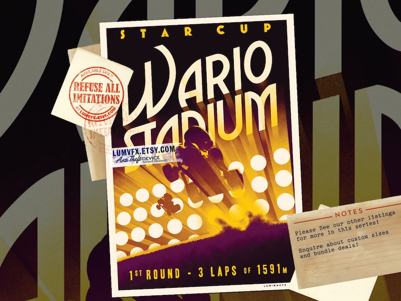 May include: A retro-style poster for the "Wario Stadium" Star Cup race. The poster features a yellow and orange color scheme with a cartoon race car flying through the air. The text on the poster reads "Wario Stadium" and "1st Round - 3 Laps of 1591m".