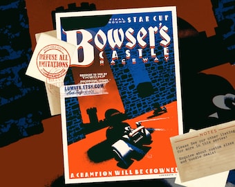 Arte em estilo vintage inspirada no Castelo do Bowser em Mario Kart - Impressão de pôster