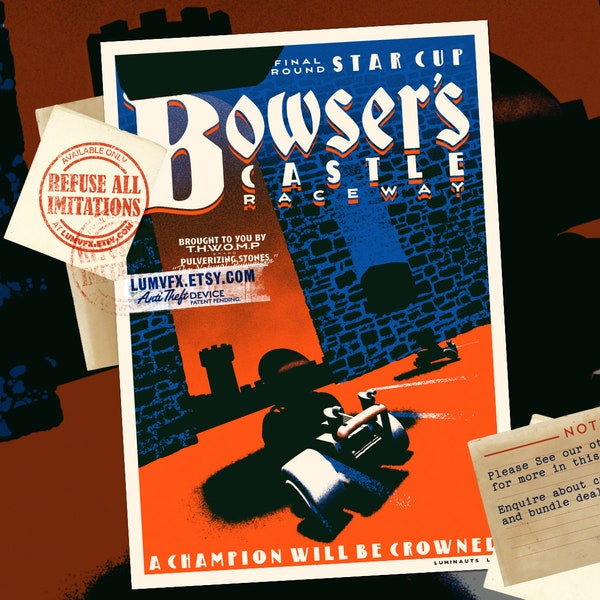 Mario Kart-inspirerat Bowsers slott i vintagestil - affischtryck