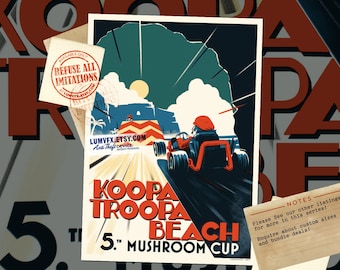 Mario Kart Inspired Koopa Troopa Beach Vintage Style Artwork - Poster Print