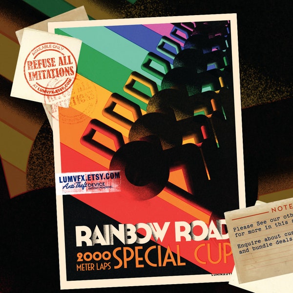 Mario Kart Inspired Rainbow Road Vintage Style Artwork - Poster Print