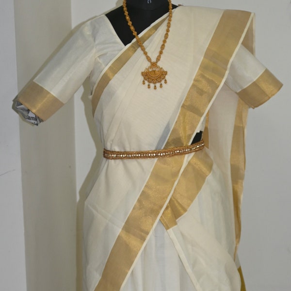 Kerala mundu style cotton half saree set -  skirt and blouse - pavadai davani set - half white with golden colour kasavu border .