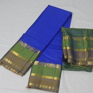 Beautiful kanchipuram blue pure silk light weight saree with blouse attached