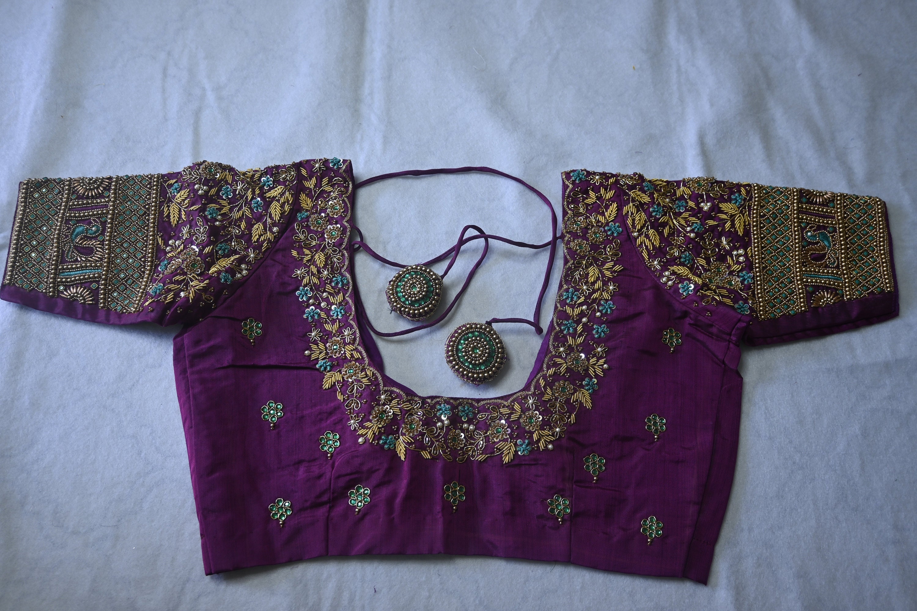 Purple Kanchipuram Silk Blouse: Aari Golden Beadwork, Wedding Sari