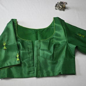 Green Embroidered Saree Blouse: Silk Cotton Boat Neck