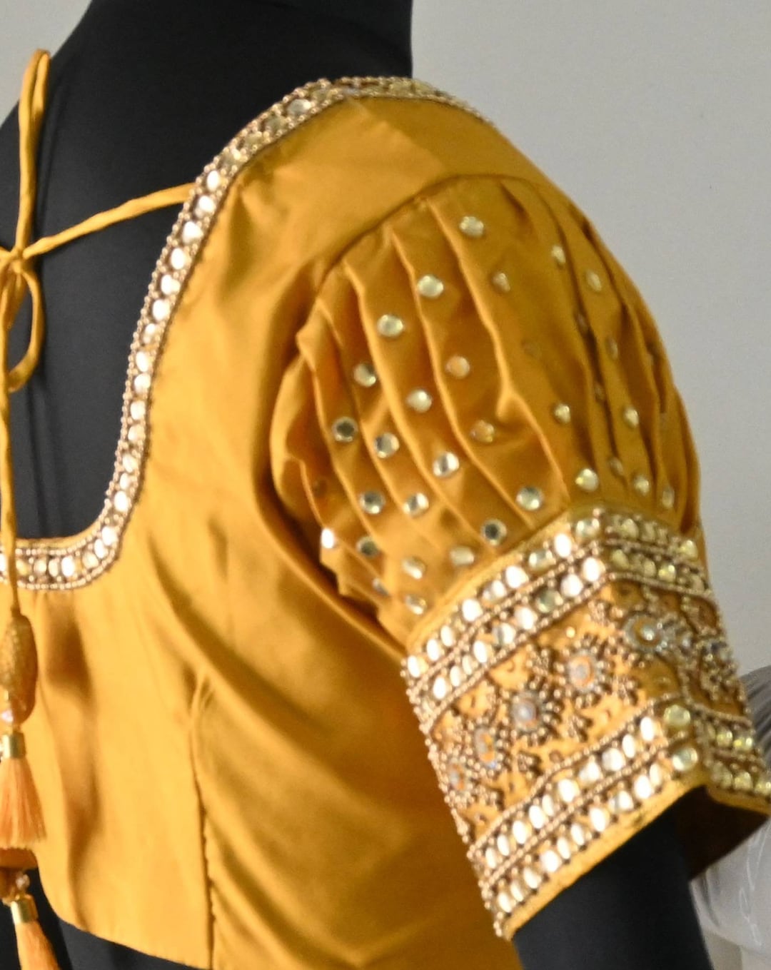 Mustard Aari Work Puff Sleeve Blouse Kanchipuram Pattu Saree Blouse