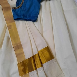 Kerala mundu style cotton half saree set -  skirt and contrast blouse - pavadai davani set - half white with golden colour kasavu border .