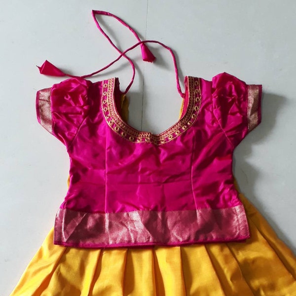 Pattu pavadai for girl baby  - Kanchipuram silk - lehanga and choli - infant dress - yellow and pink skirt and top - traditional Indian wear