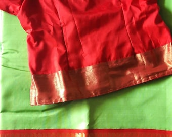 Pista green and red pattu pavadai - Kanchipuram silk - lehanga and choli - traditional Indian wear - Indian ethnic wear - langa