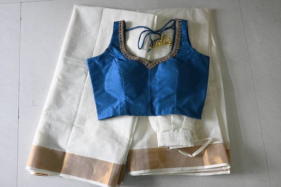 Kerala Mundu Style Cotton Half Saree Set Skirt and Contrast Blouse Pavadai  Davani Set Half White With Golden Colour Kasavu Border . - Etsy Israel