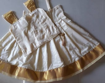 Girls'  Kerala Skirt Set – Indian Kasavu Dress, Ceremony Wear