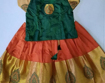 Orange Kanchipuram Silk Pattu Pavadai: Indian Lehanga Choli Dress