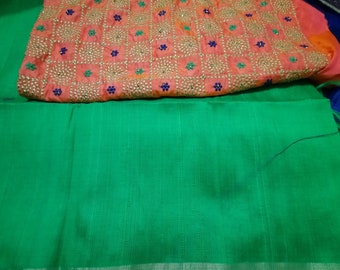 Green raw silk lehanga  orange benaras choli  for girls