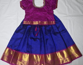 Kanchipuram Silk Pattu Pavadai: Blue & Pink Lehanga Choli - Indian Ethnic Dress