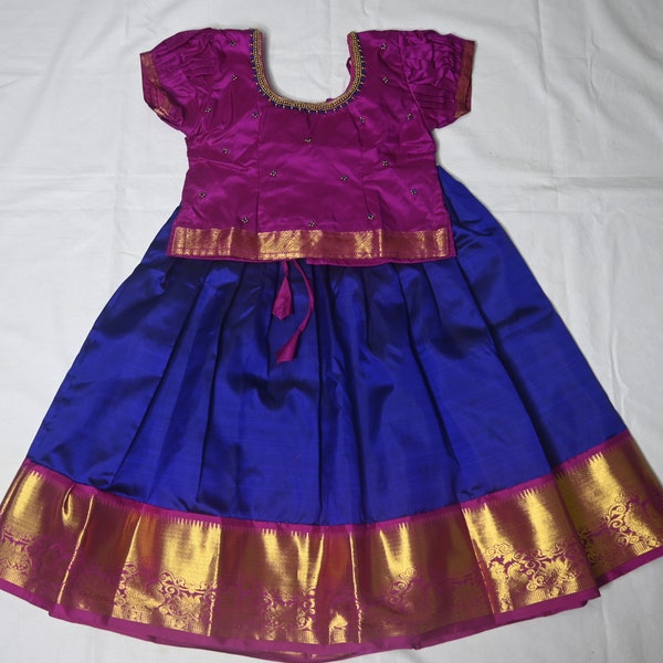 Blue with pink pattu pavadai for girl baby India - Kanchipuram silk - lehanga and choli - infant dress - Indian ethnic wear - langa