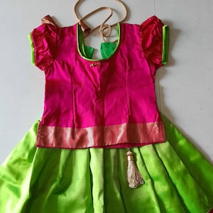 Pattu pavadai for girl baby  - Kanchipuram silk - lehanga and choli - infant dress - green and pink skirt and top - traditional Indian wear