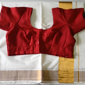Traditonal kerala kasavu cotton saree with contrast red blouse  - women ethnic wear - mundu saree - kasavu .