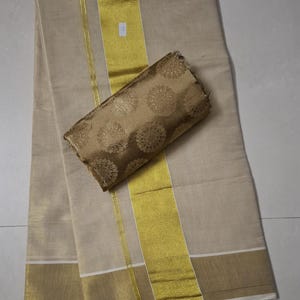 Traditonal kerala kasavu cotton tissue saree with  golden blouse  - women ethnic wear - mundu saree - kasavu .