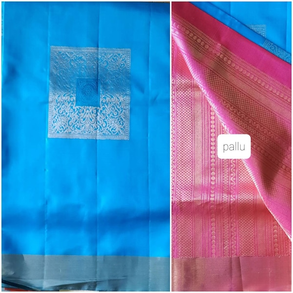 Light weight kanchipuram blue soft silk saree with contrast peach colour blouse - gift pattu saree  .