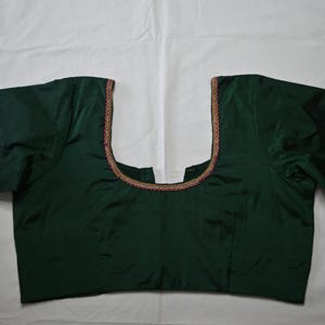 Dark Green Silk Cotton Sari Blouse: Pink Border Sleeve, Custom Made