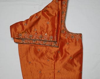 Orange Kanchipuram Seide Saree Bluse: Aari Work Hochzeits Top