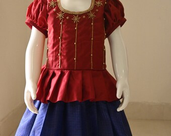 Kanchipuram Pattu Pavadai: Blue & Red Silk Lehanga Choli - Indian Dress