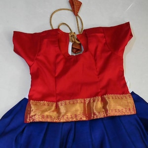 Pure Kanchipuram Silk Pattu Pavadai / Skirt in Blue colour with Violet Top - 3 yrs main image 1