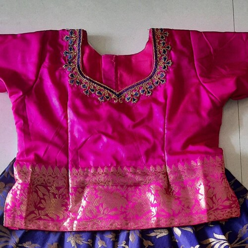 Pattu pavadai for girl baby shops - Kanchipuram pure silk - lehanga choli - infant dress - blue and pink skirt and top - traditional Indian wear