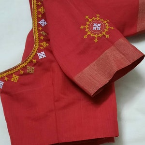 Kerala Cotton Saree: Red Embroidered Silk Blouse, Golden Kasavu Border