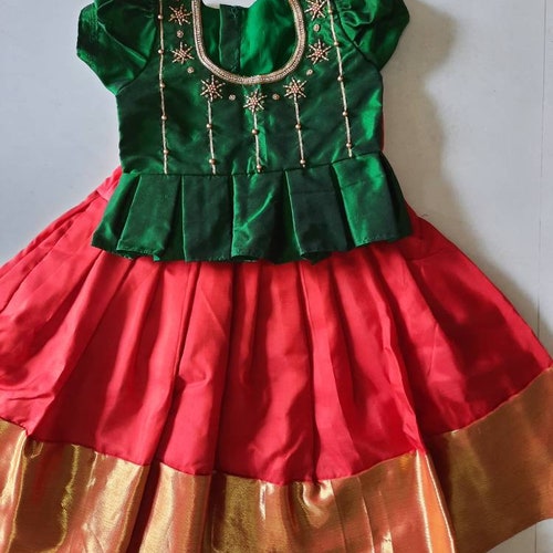 Pure Kanchipuram Silk Pattu Pavadai / Skirt in Magenta colour with Green Top - 5 yrs main image 0