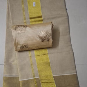 Traditonal kerala kasavu cotton tissue saree with cream With golden butta blouse  - women ethnic wear - mundu saree - kasavu .