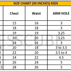 May include: Size chart for kids clothing in inches. The chart lists age, top length, chest, waist, arm hole, and skirt length from shoulder to ankle.
