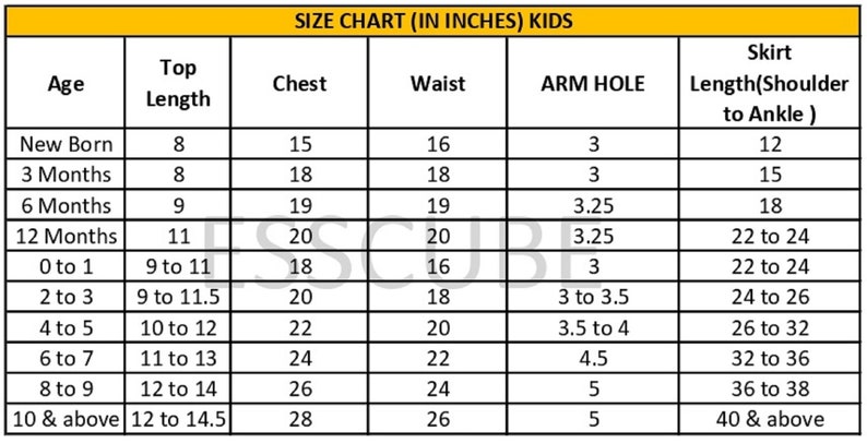 May include: Size chart for kids clothing in inches. The chart lists age, top length, chest, waist, arm hole, and skirt length from shoulder to ankle.