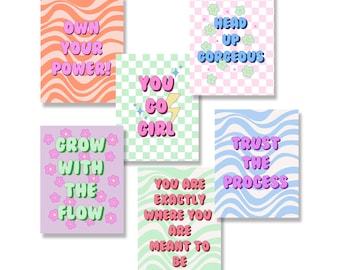 6 pack positive slogan greeting card pack, wavy , check pattern, groovy, feel good, just because