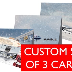 Conjunto personalizado de 3 tarjetas de felicitación navideñas en blanco de aviación de 7x5" / Airbus, Boeing, Virgin Atlantic, British Airways, TUI, Emirates, United