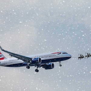 British Airways Christmas Approach / Biglietto di auguri di Natale vuoto / Airbus A320 London Heathrow Airport / (singolo/confezione da 10) 7x5"