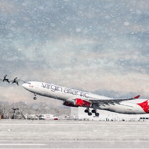 Virgin Atlantic Renna Decollo / Biglietto di auguri di Natale vuoto / Airbus A330 Aeroporto di Manchester / (singolo/confezione da 10) 7x5"