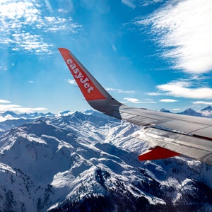 Ski Season with Easyjet | Blank Christmas Greetings Card | Austrian Alps on approach to Innsbruck Austria | (single/pack of 10) 7x5&quot;