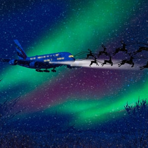 Emirates Landing Guided By Rudolf Reindeer / Biglietto di auguri di Natale vuoto / Airbus A380 / (singolo/confezione da 10) 7x5"
