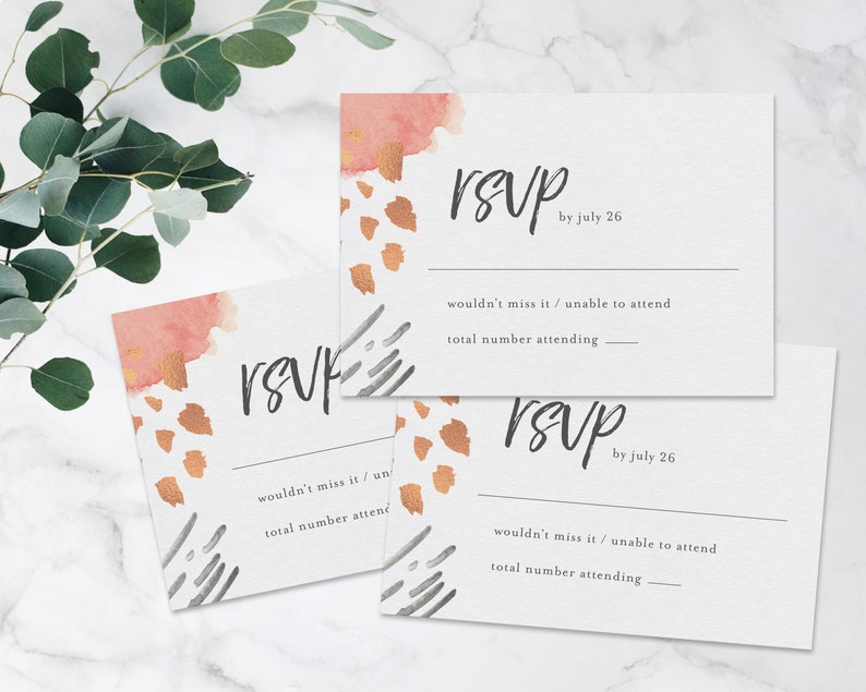 Digital Download Customizable Printable Wedding RSVP Cards Modern Blush /& Rose Gold Watercolor Wedding RSVP Cards
