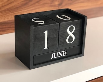 Calendario perpetuo de madera, Bloques de calendario negros, Calendario de madera, Calendario de oficina, Calendario 2025, Calendario de escritorio, Decoración de madera
