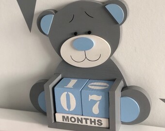 Bear Perpetual Wooden Calendar, Kids Room Decor, Baby Shower Gift