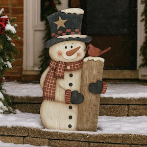 Rustic wooden snowman yard sign, Outdoor winter porch decoration, Handmade Christmas holiday decor, Christmas decorations outdoor