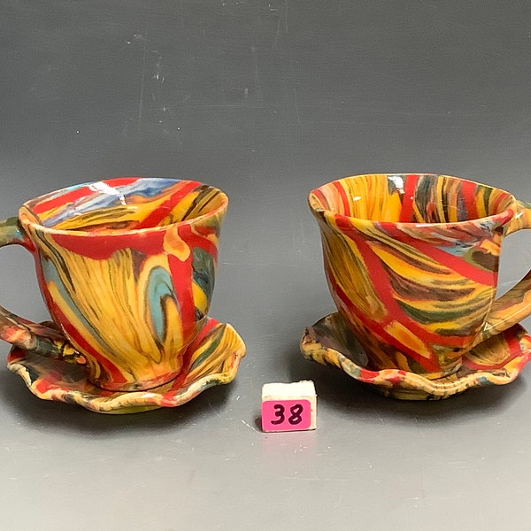 Pair of Colored Clay Millefiori Cups 'n Saucers