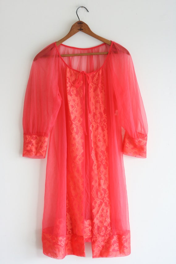 50s Robe Lingerie Cardigan Duster Sheer Robe Red R