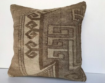 Turkish Bohemian Handmade Pillow, Brown Wool Pillow, Ecnic Desing Pillow, 20x20 İnches, Anatolian Sofa Pillow, 50x50 Cm