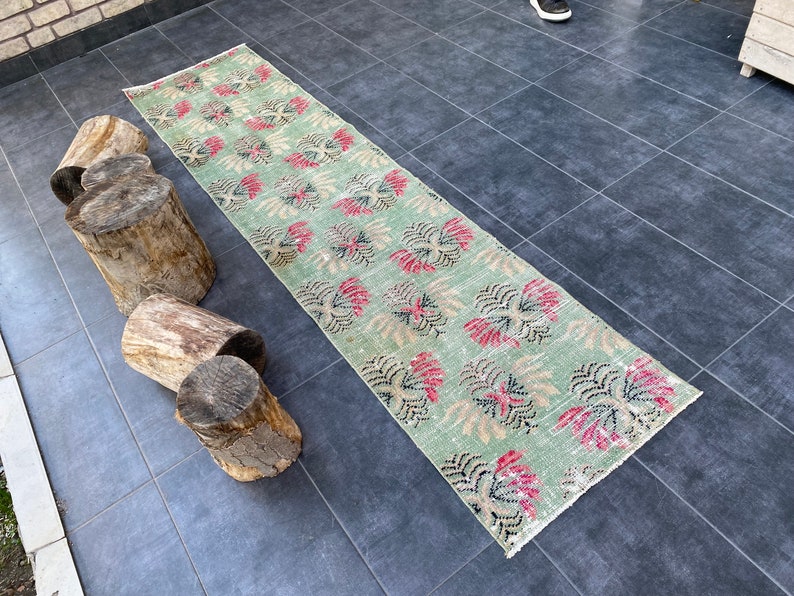 Turquoise Runner, Pink Designer Oushak Runner, 2x8 Unique Runner Rug, Wool Turkey Rug, Modern Antique 2x8 Rug, Vintage Runner, 250x60 Cm image 6