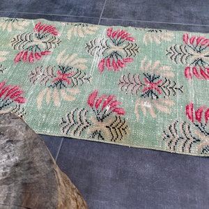 Turquoise Runner, Pink Designer Oushak Runner, 2x8 Unique Runner Rug, Wool Turkey Rug, Modern Antique 2x8 Rug, Vintage Runner, 250x60 Cm image 5