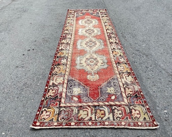 Red Hallway Rug, 3x10 Vintage Runner Rug, Unique Rug, Nomadic Anatolian Runner, Modern Wool Corridor Rug, 297x92 Cm