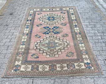 Pastel Pink Design Wool Oushak Rug, 6x8 Turkish Area Rug, Neutral Living Rom Vintage Carpet, Large Size Antique Carpet, P3543